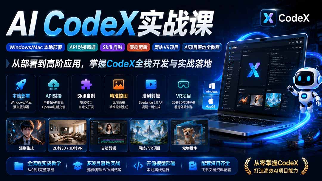 （19769期）AI  CodeX实战课｜Windows/Mac 本地部署｜API 对接调通｜Skill 自制｜漫剧剪辑｜网站 VR 项目｜AI项目落地全教程-知享资源网