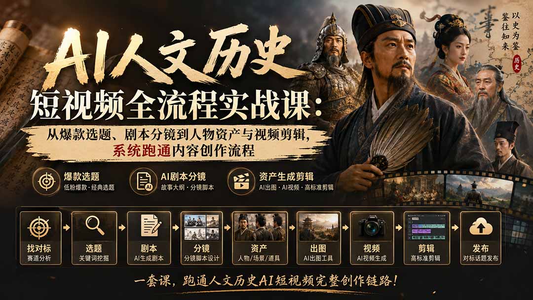 （20074期）AI人文历史短视频全流程实战课：从爆款选题、剧本分镜到人物资产与视频剪辑，系统跑通内容创作流程-知享资源网