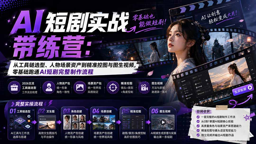 （20064期）AI短剧实战训练营：从工具链选型、人物场景资产到精准控图与图生视频，零基础跑通AI短剧完整制作流程-知享资源网