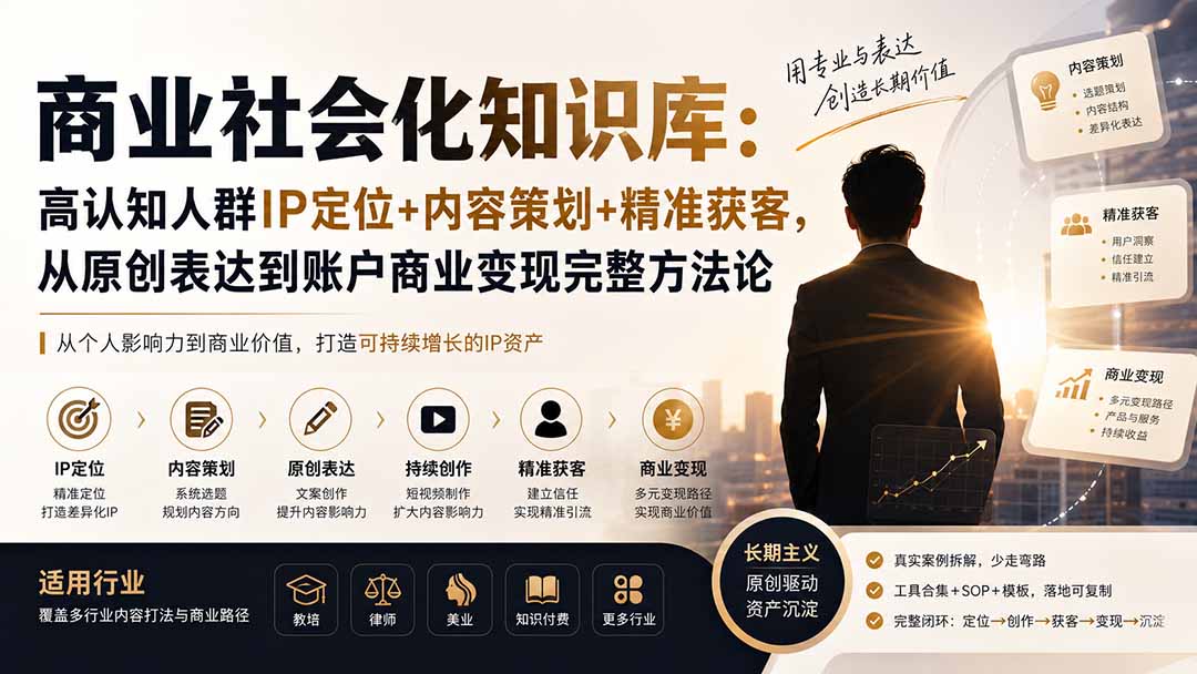 （19733期）商业社会化知识库：高认知人群IP定位+内容策划+精准获客，从原创表达到账户商业变现完整方法论-知享资源网