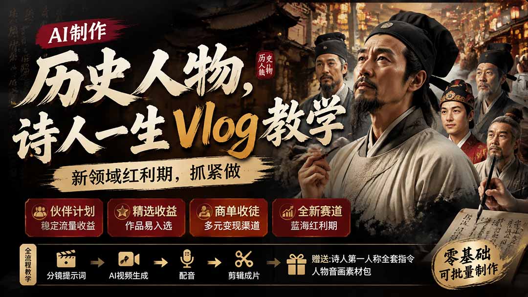 （19758期）历史人物，诗人一生Vlog教学， AI制作丨伙伴计划丨精选收益丨商单收徒 ，新领域红利期，抓紧做-知享资源网