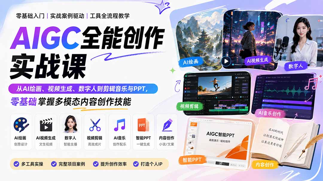 （20065期）AIGC全能创作实战课：从AI绘画、视频生成、数字人到剪辑音乐与PPT，零基础掌握多模态内容创作技能-知享资源网