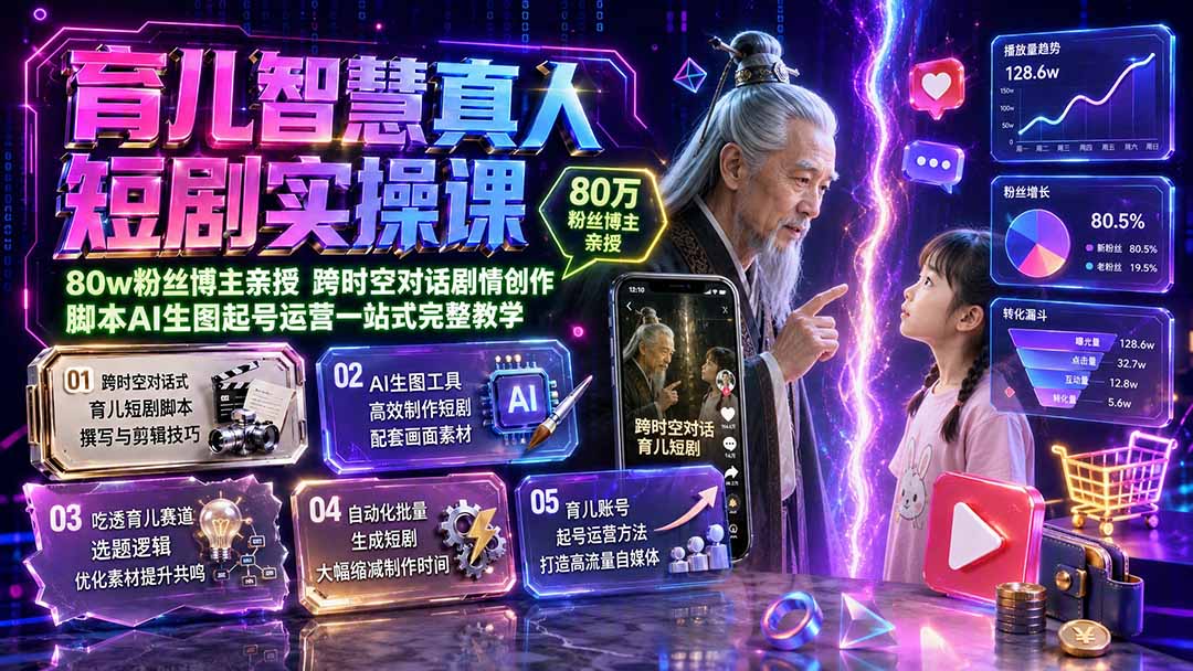 （19663期）育儿智慧真人短剧实操课｜80w粉丝博主亲授，跨时空对话剧情创作，脚本AI生图起号运营一站式完整教学-知享资源网