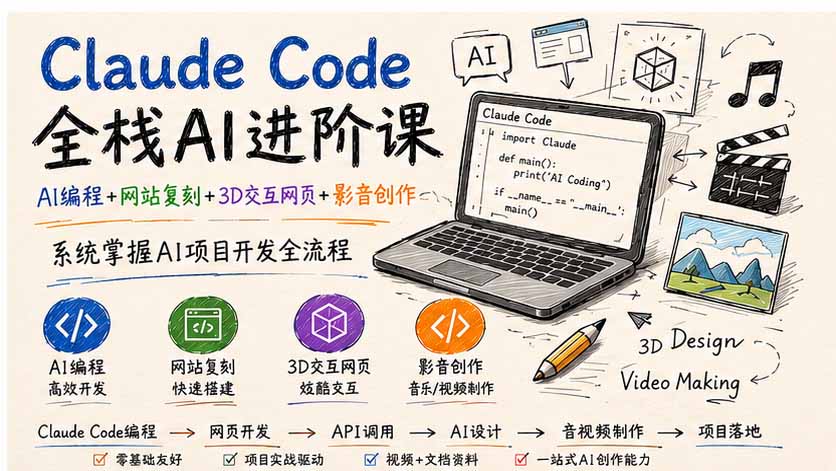 （19735期）Claude Code全栈AI进阶课；AI编程+网站复刻+3D交互网页+影音创作，系统掌握AI项目开发全流程-知享资源网