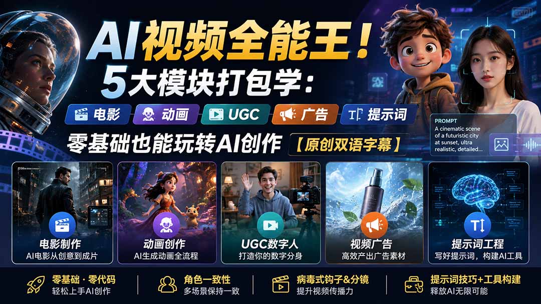 （20048期）AI视频全能王！5大模块打包学：电影、动画、UGC、广告、提示词，零基础也能玩转AI创作【原创双语字幕】-知享资源网