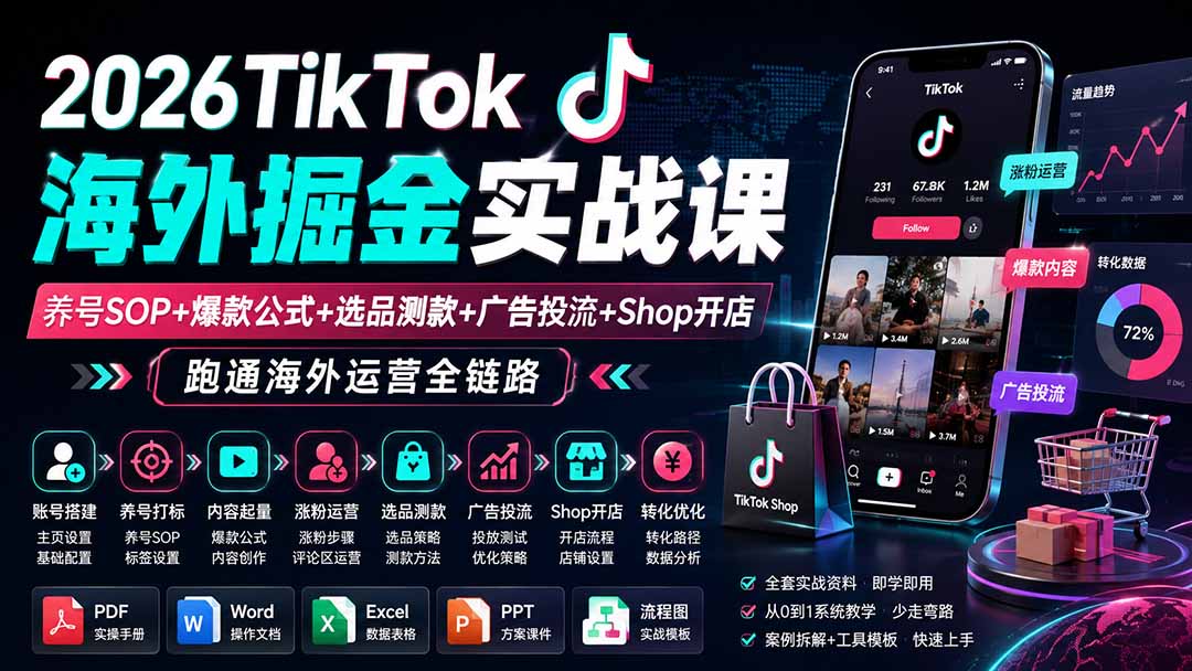 （19973期）2026TikTok海外掘金实战课——养号SOP+爆款公式+选品测款+广告投流+Shop开店，跑通海外运营全链路-知享资源网