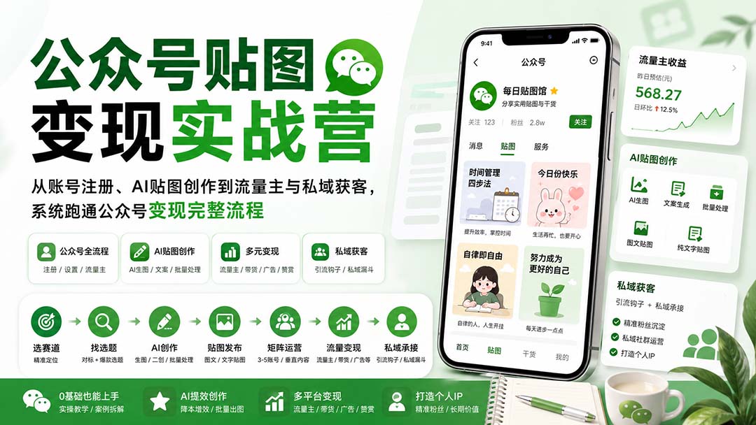 （20120期）公众号贴图变现实战营：从账号注册、AI贴图创作到流量主与私域获客，系统跑通公众号变现完整流程-知享资源网
