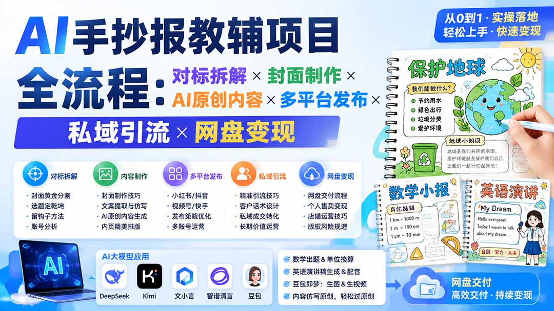 （19785期）AI手抄报教辅项目全流程：对标拆解×封面制作×AI原创内容×多平台发布×私域引流×网盘变现-知享资源网