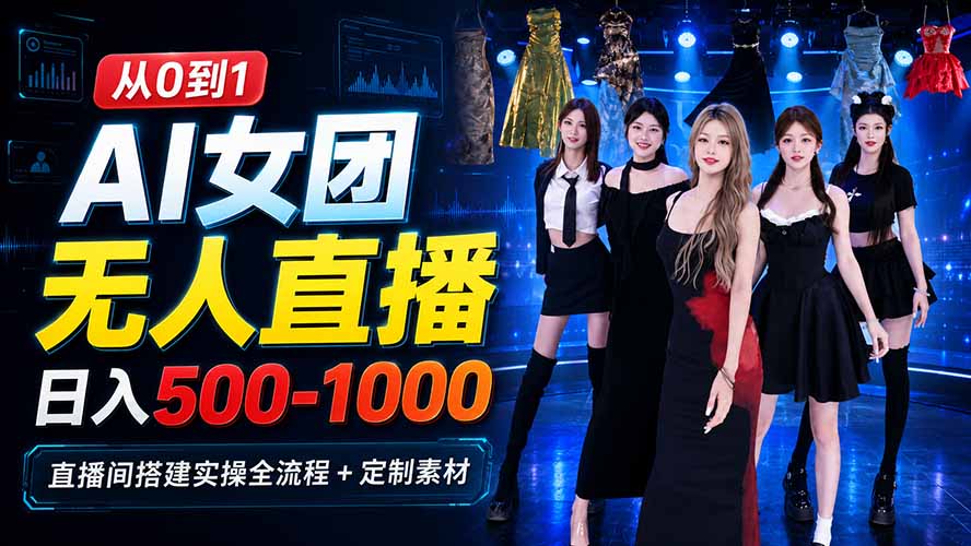 （20051期）AI 女团无人直播，躺入500‑1000每天，直播间搭建实操全流程+定制素材-知享资源网