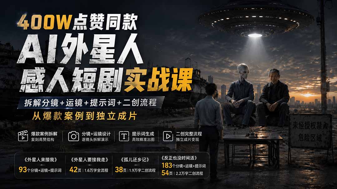 （20052期）400W点赞同款AI外星人感人短剧实战课：拆解分镜+运镜+提示词+二创流程，从爆款案例到独立成片-知享资源网