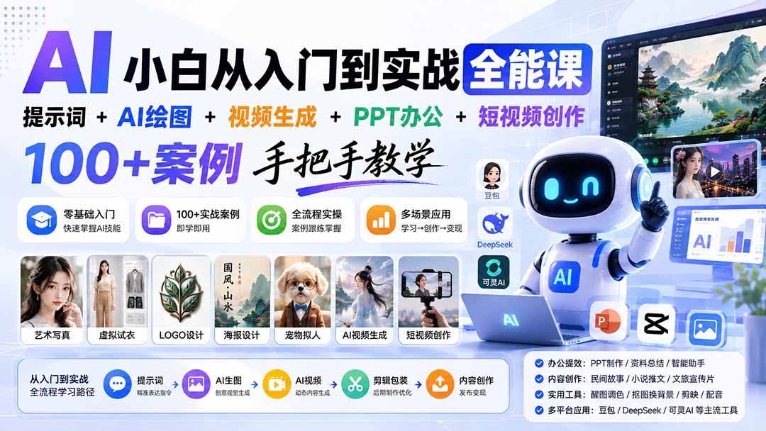（20018期）AI小白从入门到实战全能课：提示词+AI绘图+视频生成+PPT办公+短视频创作，100+案例手把手教学-知享资源网