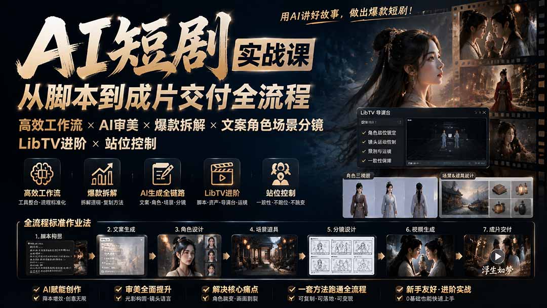 （19717期）AI短剧实战课：高效工作流×AI审美×爆款拆解×文案角色场景分镜×LibTV进阶×站位控制×从脚本到成片交付全流程-知享资源网