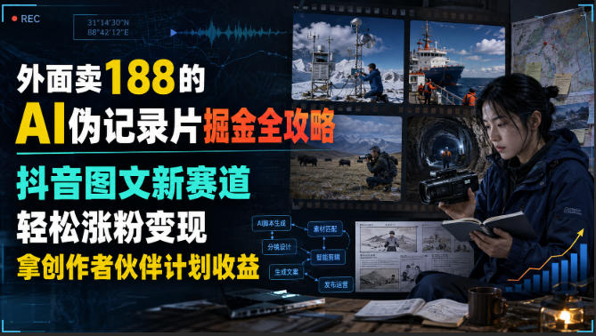 外面卖188的AI伪记录片掘金全攻略，抖音图文新赛道，轻松涨粉变现，拿创作者伙伴计划收益【文档】-知享资源网