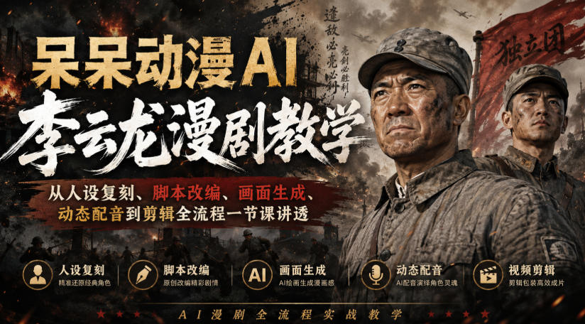 呆呆动漫AI李云龙漫剧教学，从人设复刻、脚本改编、画面生成、动态配音到剪辑全流程一节课讲透-知享资源网