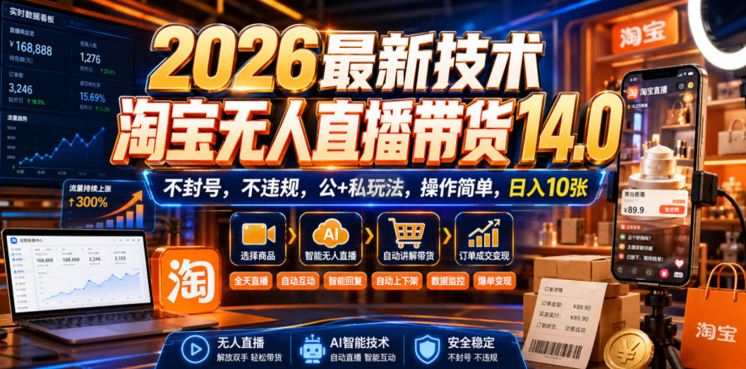 2026最新技术，淘宝无人直播带货14.0，不封号，不违规，公+私玩法，操作简单，日入10张【揭秘】-知享资源网