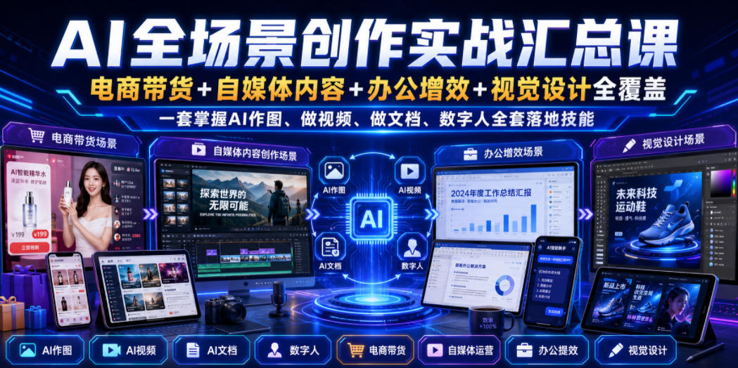 AI全场景创作实战汇总课｜电商带货+自媒体内容+办公增效+视觉设计全覆盖，一套掌握AI作图、做视频、做文档、数字人全套落地技能-知享资源网