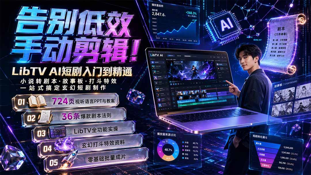 （19678期）告别低效手动剪辑！LibTV AI短剧入门到精通，小说转剧本方法，故事板打斗特效一站式搞定玄幻短剧制作-知享资源网