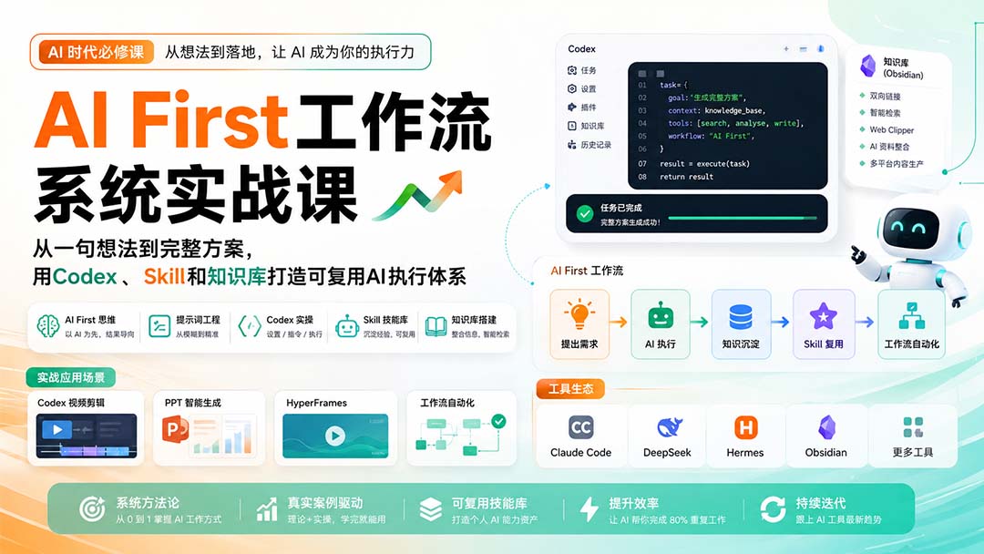（20104期）AI First工作流系统实战课：从一句想法到完整方案，用Codex、Skill和知识库打造可复用AI执行体系-知享资源网