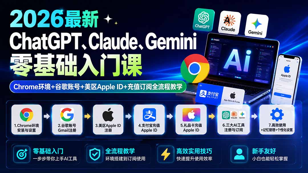 （19923期）2026最新ChatGPT、Claude、Gemini零基础入门课：Chrome环境+谷歌账号+美区Apple ID+充值订阅全流程教学-知享资源网
