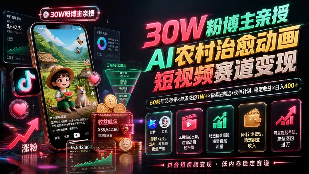 （19648期）30W粉博主亲授AI农村治愈动画短视频赛道变现：60条作品起号×单条涨粉1W+×极易进精选+伙伴计划，稳定收益×日入400+-知享资源网