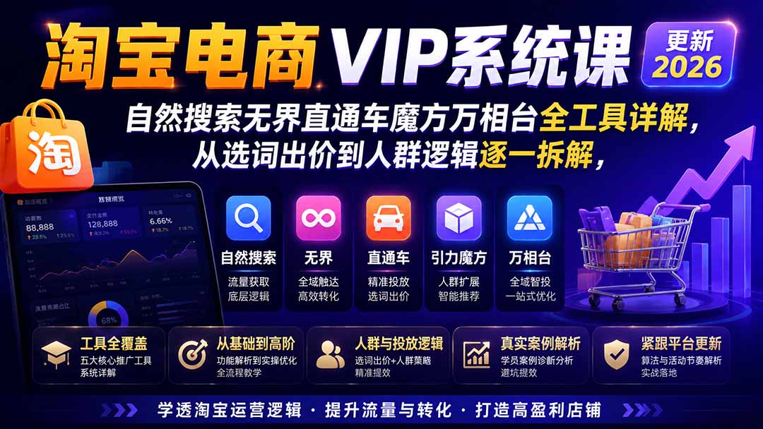（20035期）淘宝电商VIP系统课-更新8月；自然搜索无界直通车魔方万相台全工具详解，从选词出价到人群逻辑逐一拆解-知享资源网