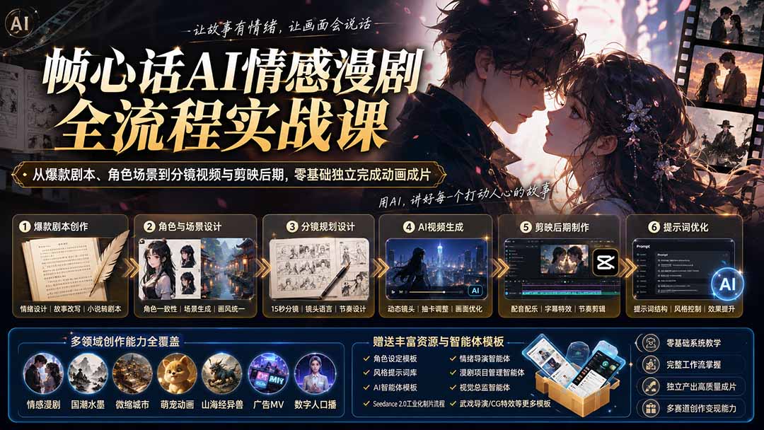 （20036期）帧心话AI情感漫剧全流程实战课：从爆款剧本、角色场景到分镜视频与剪映后期，零基础独立完成动画成片-知享资源网