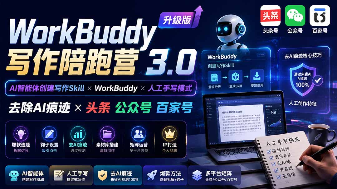 （19720期）WorkBuddy写作陪跑营3.0-更新：Ai智能体创建写作Skill×WorkBuddy×人工手写模式×去除AI痕迹×头条公众号百家号-知享资源网