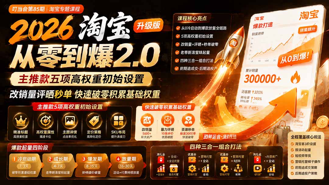 （19742期）2026淘宝从零到爆2.0第85期；主推款五项高权重初始设置，改销量评晒秒单快速破零积累基础权重-知享资源网