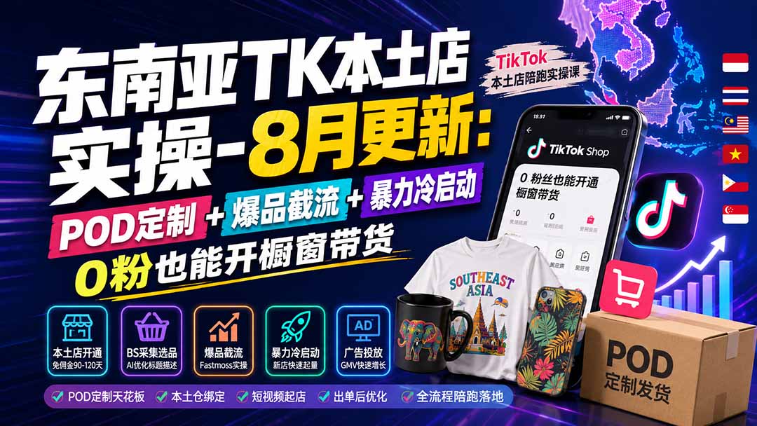 （19963期）东南亚TK本土店实操-8月更新：POD定制+爆品截流+暴力冷启动，0粉也能开橱窗带货-知享资源网