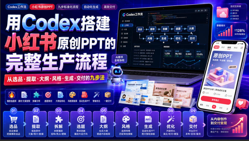 用Codex搭建小红书原创PPT的完整生产流程，从选品·提取·大纲·风格·生成·交付的九步法-知享资源网