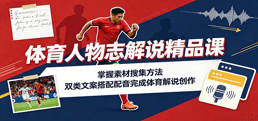 体育人物志解说精品课：掌握素材搜集方法，双类文案搭配配音完成体育解说创作-知享资源网