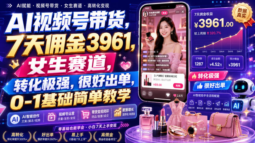 AI视频号带货，7天佣金3961，女生赛道，转化极强，很好出单，0-1基础简单教学-知享资源网
