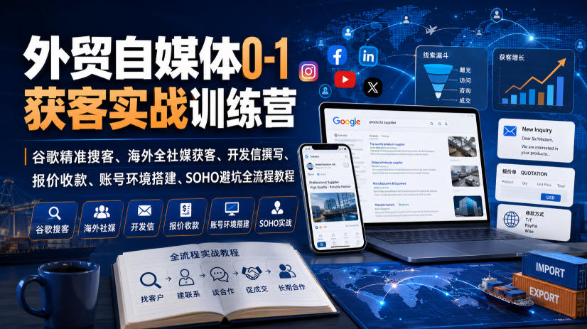 外贸自媒体0-1获客实战训练营｜谷歌精准搜客、海外全社媒获客、开发信撰写、报价收款、账号环境搭建、SOHO避坑全流程教程-知享资源网