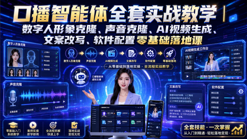 口播智能体全套实战教学｜数字人形象克隆、声音克隆、AI视频生成、文案改写、软件配置零基础落地课-知享资源网