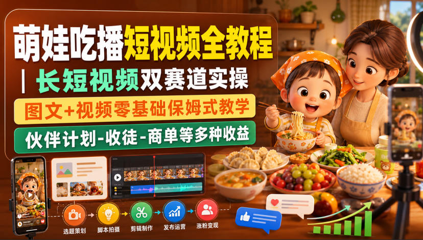 萌娃吃播短视频全教程｜长短视频双赛道实操，图文+视频零基础保姆式教学，伙伴计划-收徒-商单等多种变现方式-知享资源网