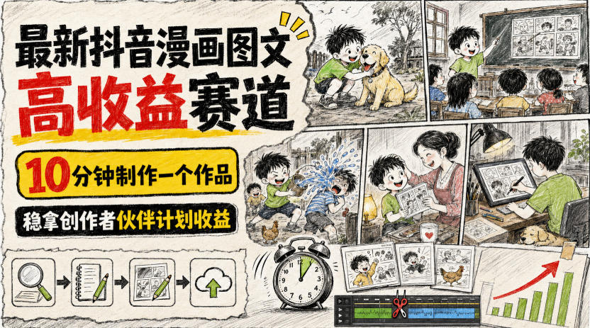 最新抖音漫画图文高收益赛道，10分钟制作一个作品，稳拿创作者伙伴计划收益-知享资源网