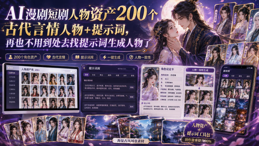 AI漫剧短剧人物资产200个古代言情人物+提示词，再也不用到处去找提示词生成人物了-知享资源网