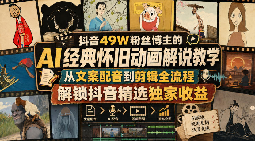 抖音49W粉丝博主的AI经典怀旧动画解说教学，从文案配音到剪辑全流程，解锁抖音精选独家收益-知享资源网