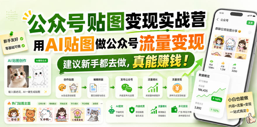公众号贴图变现实战营，用AI贴图做公众号流量变现，建议新手都去做，真能賺钱！-知享资源网