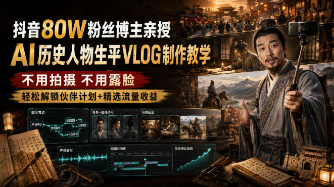 抖音80W粉丝博主的AI历史人物生平VLOG教学，不用拍摄不用露脸，AI帮你搞定，轻松解锁伙伴计划+精选收益-知享资源网