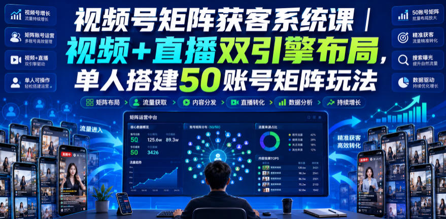 视频号矩阵获客系统课｜视频+直播双引擎布局，单人搭建50账号矩阵玩法，流量入池、搜索占位、全域引流沉淀私域全流程教学-知享资源网