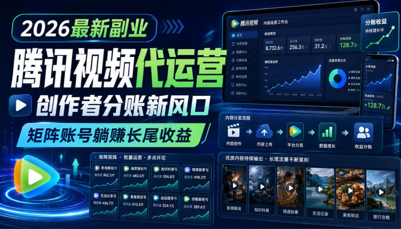 2026最新副业之腾讯视频代运营：创作者分账新风口，矩阵账号躺賺长尾收益【揭秘】-知享资源网