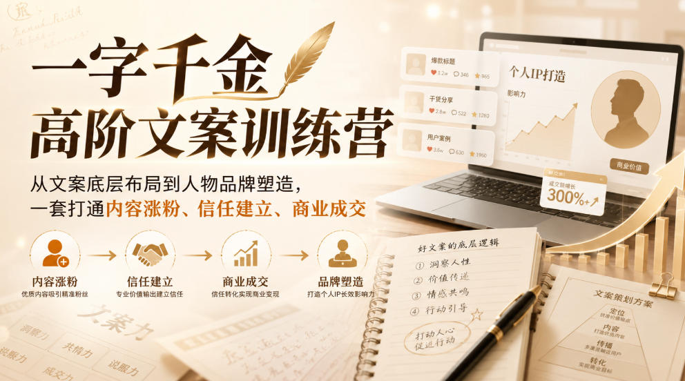 一字千金高阶文案训练营，从文案底层布局到人物品牌塑造，一套打通内容涨粉、信任建立、商业成交-知享资源网
