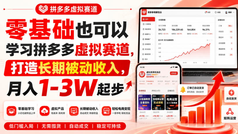 零基础也可以学习拼多多虚拟赛道，打造长期被动收入，月入1-3W起步-知享资源网