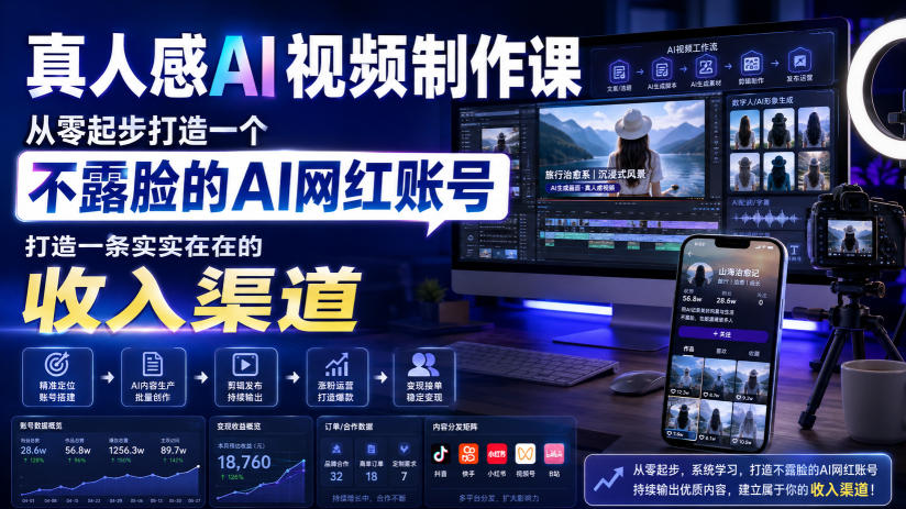 真人感AI视频制作课，从零起步打造一个不露脸的AI网红账号，打造一条实实在在的收入渠道【原创双语字幕】-知享资源网