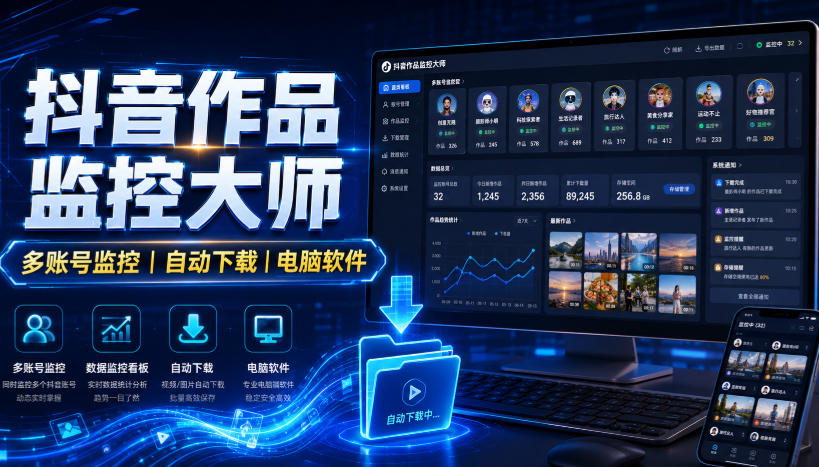 抖音作品监控大师，多账号监控丨自动下载丨电脑软件-知享资源网