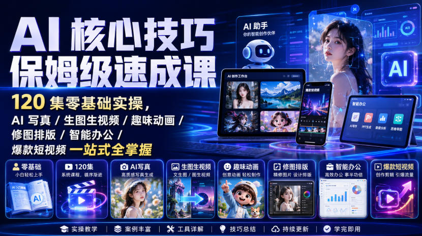 AI核心技巧保姆级速成课｜120集零基础实操，AI写真/生图生视频/趣味动画/修图排版/智能办公/爆款短视频一站式全掌握-知享资源网