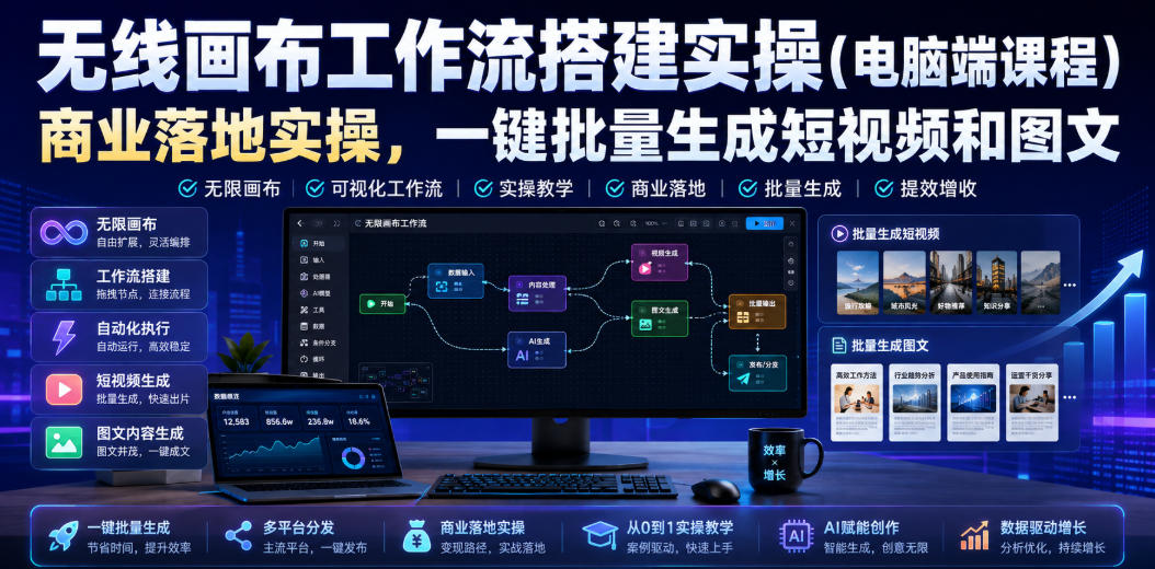 无线画布工作流搭建实操（电脑端课程），商业落地实操，一键批量生成短视频和图文-知享资源网
