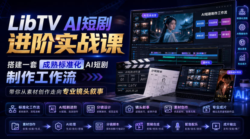LibTV AI短剧进阶实战课，搭建一套成熟标准化AI短剧制作工作流，带你从素材创作走向专业镜头叙事-知享资源网