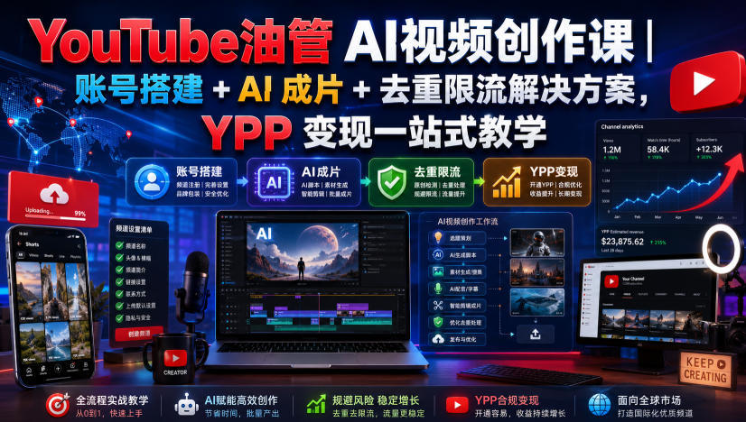YouTube油管AI视频创作课｜账号搭建+AI成片+去重限流解决方案，YPP变现一站式教学-知享资源网